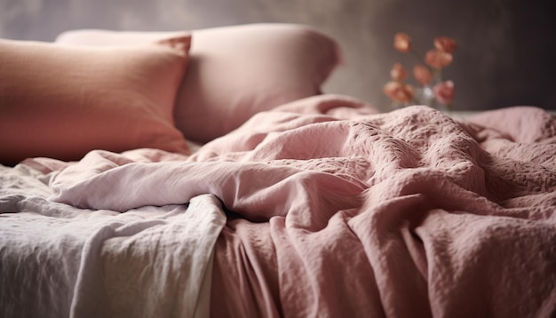 Biancheria da letto confortevole in una moderna camera da letto rosa generata da ai