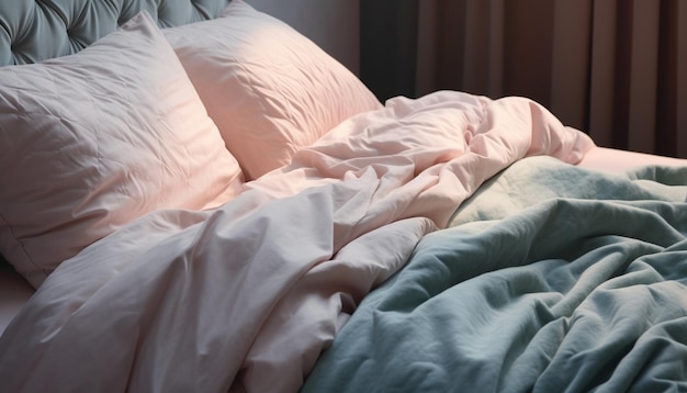 Comfortable bedding and pillows create a cozy retreat generated by AI