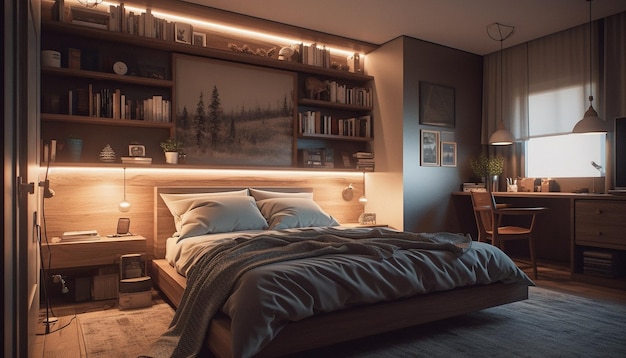 Comfortable modern bedroom with bright illuminated electric lamp generative AI