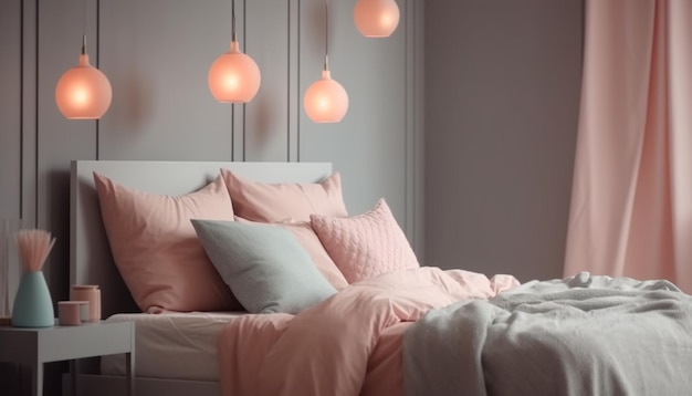 Foto gratuita confortevole camera da letto moderna con biancheria da letto elegante e illuminazione generata da ai