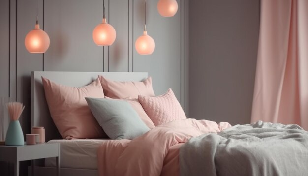 Удобная современная спальня с элегантными постельными принадлежностями и освещением, созданным искусственным интеллектом