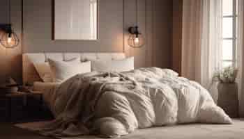 Бесплатное фото Удобная современная спальня с элегантным дизайном отеля, созданным искусственным интеллектом