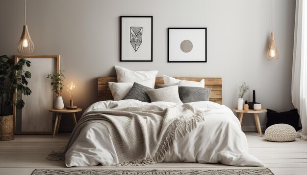 Удобная современная спальня с элегантным деревянным изголовьем, созданным искусственным интеллектом