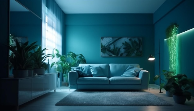 Comfortable modern living room illuminated by blue lighting generative AI