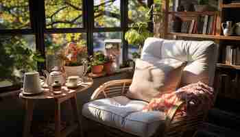 Foto gratuita comodo soggiorno moderno con mobili rustici in legno e piante verdi generate dall'intelligenza artificiale