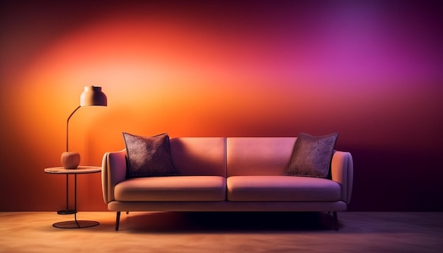 Comfortable sofa illuminated by modern electric lamps generated by AI