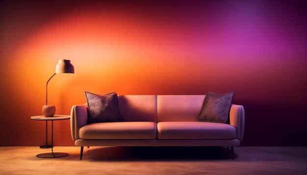 Comfortable sofa illuminated by modern electric lamps generated by AI