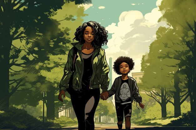 Comic book everyday lifestyle scene of parent with kid