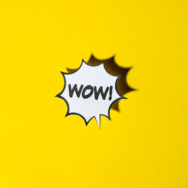 Comic cartoon speech bubble for wow emotions on yellow backdrop