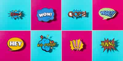 Free photo comic colored sound icons set for web on blue and pink background