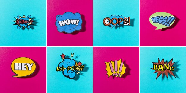 Comic colored sound icons set for web on blue and pink background