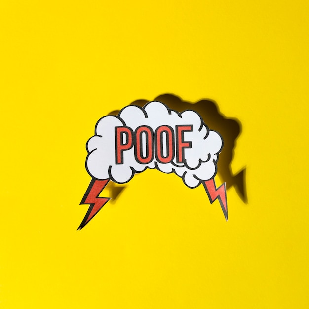 Comic speech bubble with expression text poof on yellow background