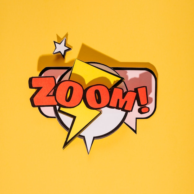 Comic speech bubble with expression text zoom! over yellow background