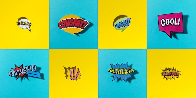 Comic speech bubbles set with different emotions and text on yellow and blue background