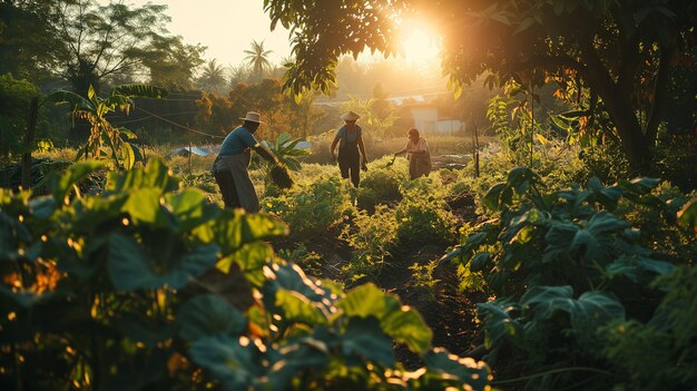 農業で一緒に働いて食料を育てる人々のコミュニティ