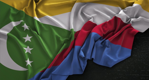 Флаг Коморских островов Морщины на темном фоне 3D Render