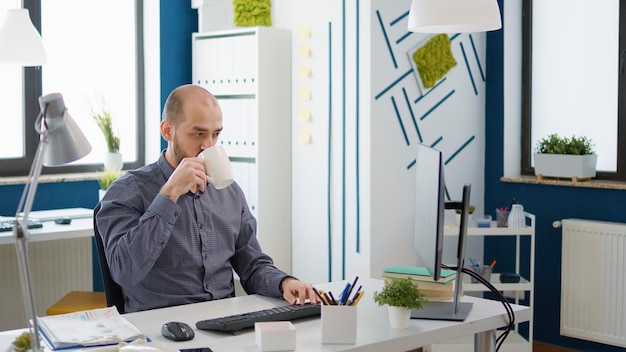 Company employee working with sales charts and diagrams to plan financial development for startup business. Office worker analyzing statistics to create data presentation for strategy.