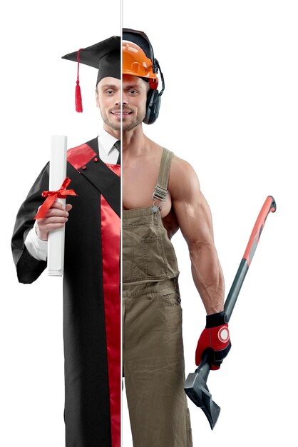 Comparison of university's graduate and woodcutter's outlook Student wearing black and red graduation gown keeping diploma Woodcutter wearing uniform protective helmet and keeping an axe