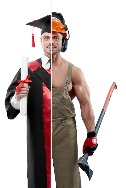 Comparison of university's graduate and woodcutter's outlook Student wearing black and red graduation gown keeping diploma Woodcutter wearing uniform protective helmet and keeping an axe