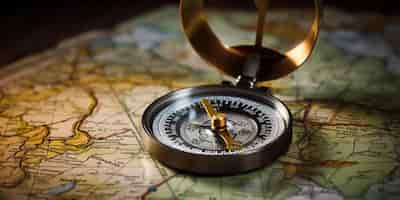 Free photo compass in the foreground with a map softly focused behind