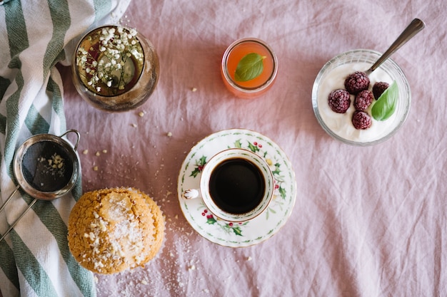 Composed coffee with various treats