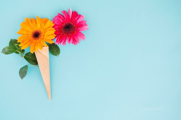 와플 콘에 구성된 Gerbera 꽃