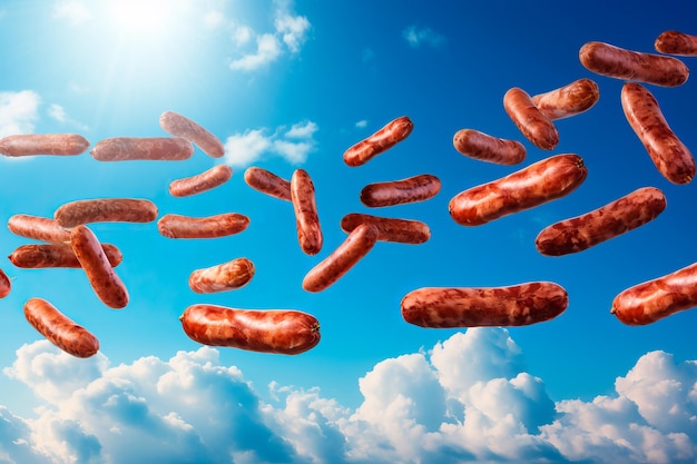 Composite image of German sausages flying on a blue sky background