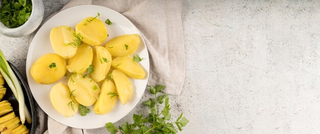 Composition of  boiled potatoes with copy space