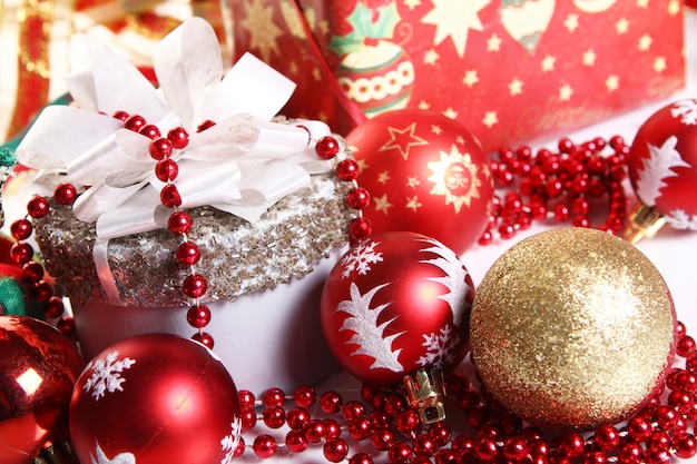 Composition of Christmas decoration and gift box