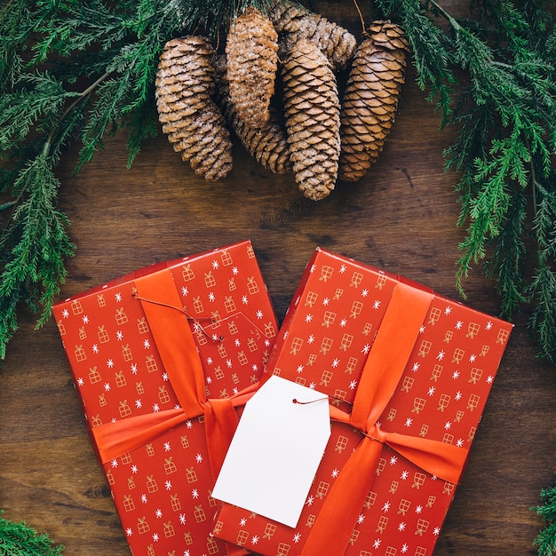 Free photo composition for christmas with two gift boxes