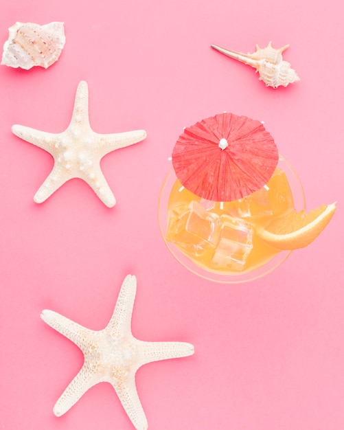Composition of cocktail white starfish and seashells
