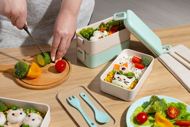 Composition of delicious japanese bento box