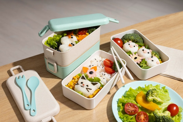 Composition of delicious japanese bento box