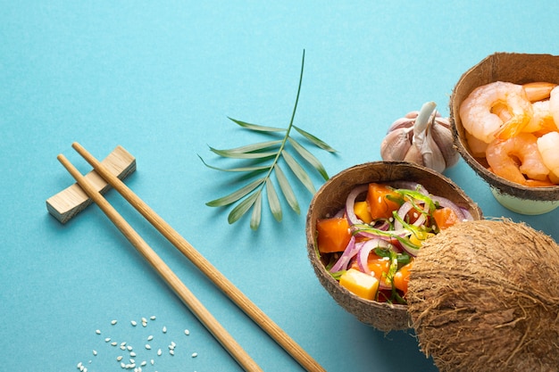 Composition of delicious poke bowl