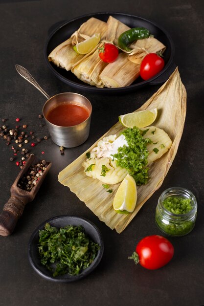 Composition of delicious tamales on plate