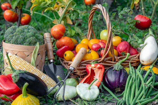 Composition of fresh vegetables on blurred vegetable garden background