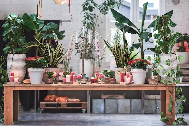 木製のテーブルの一部の装飾として花の植物と火のついたキャンドルからの構成