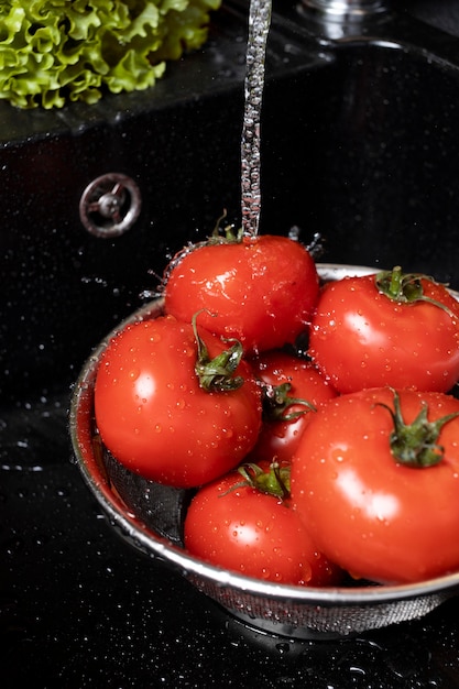 composition of healthy food being washed