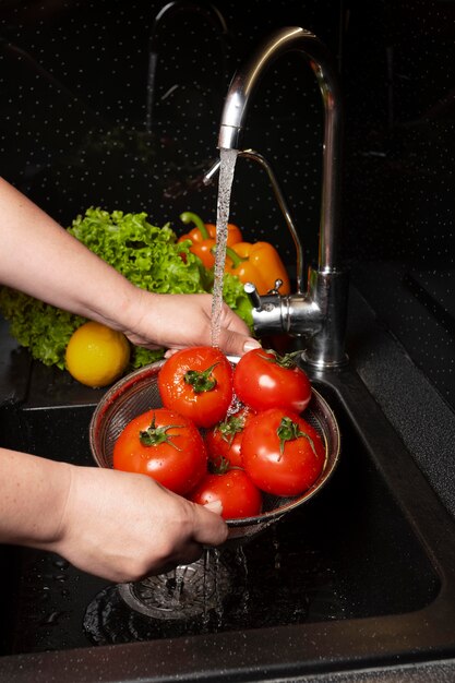 Composition of healthy food being washed