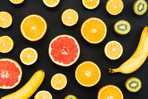 Composition of mixed colorful tropical fruits