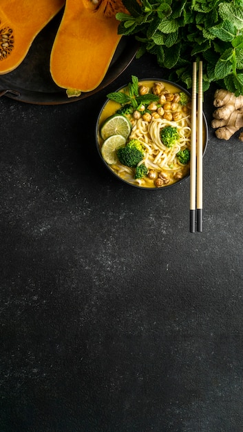 Free photo composition of noodles on a table with copy space