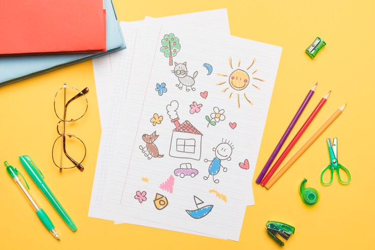 Free Photo composition of school stationery with drawing