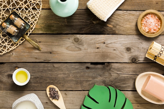 Composition of spa treatment on the wooden table