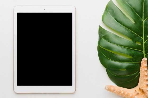 Free Photo composition of tablet plant leaf and starfish