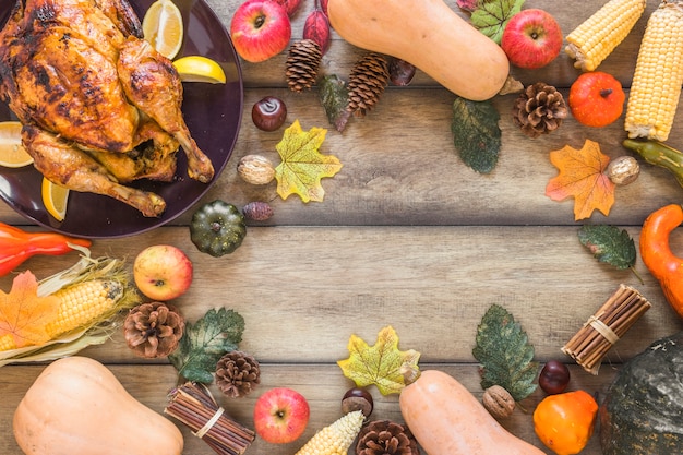 Free photo composition of vegetables, foliage and chicken