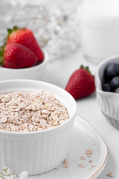 Composition of white table with delicious healthy food