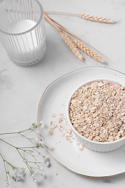 Composition of white table with delicious healthy food