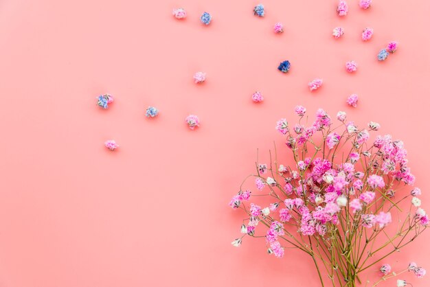 ピンクの背景にピンクの花の花束と組成