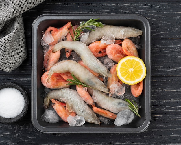 Composition with frozen sea food on the table