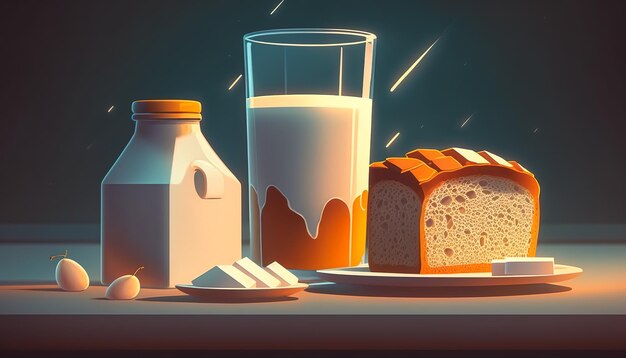 Free photo composition with milk and bread generative ai